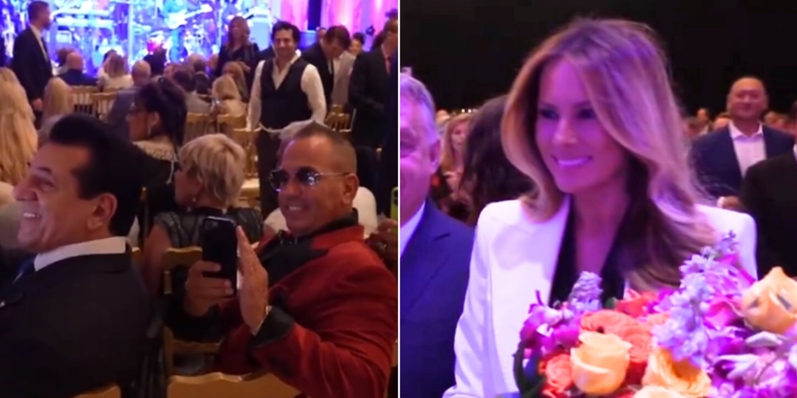 Former first lady Melania Trump, right, makes an appearance at a dinner Friday at the Trump home at the Mar-a-Lago Club in South Florida. The crowd took notice, left.