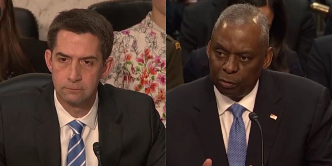 During a Senate Armed Services Committee hearing on Tuesday, Sen. Tom Cotton, left, asked Defense Secretary Lloyd Austin, right, if there was any evidence of Israel committing genocide in Gaza.