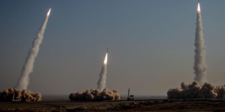Missiles are shown at the moment of launch.