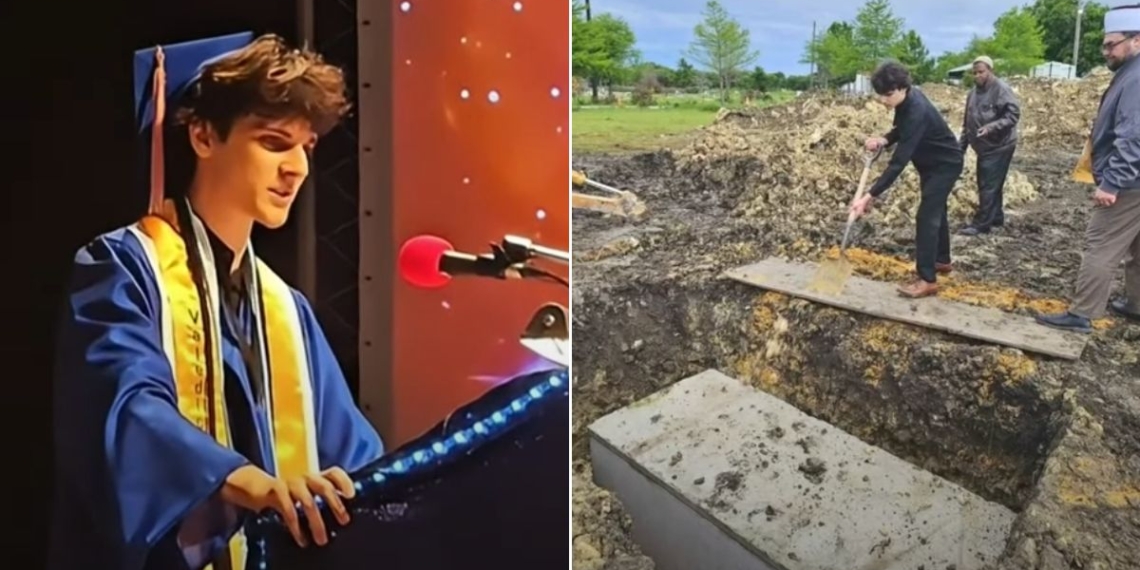 Alem Hadzic gave the commencement address at Early College High School in the Dallas suburb of Farmers Branch, Texas, left, after burying his father, right.