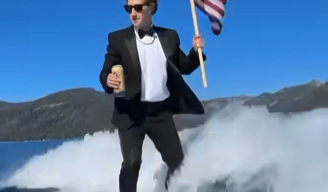 Zuckerberg Wakesurfs in Tuxedo While Holding Flag, Drinking Beer — Sparks Reaction