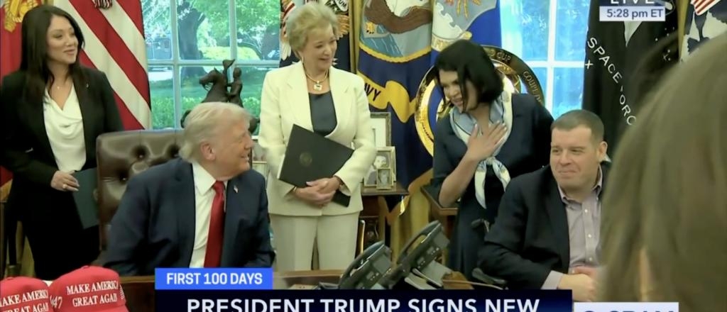 Veteran Greets Trump In Oval Office Wearing Prosthetic Leg That Carries Slogan Mocking Joe Biden