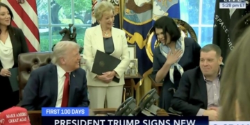 Veteran Greets Trump In Oval Office Wearing Prosthetic Leg That Carries Slogan Mocking Joe Biden