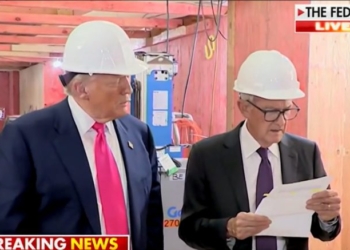 Hard-Hat Clad Jerome Powell Visibly Shakes His Head At Trump During Fed Building Tour